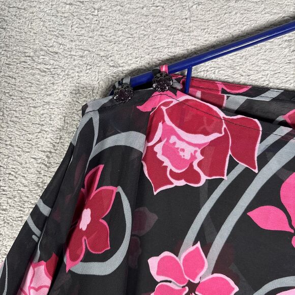 Rampage Blouse Women’s Size M Sheer Pink Red Rose AOP Tie Flutter Sleeve Kaftan - Picture 6 of 15